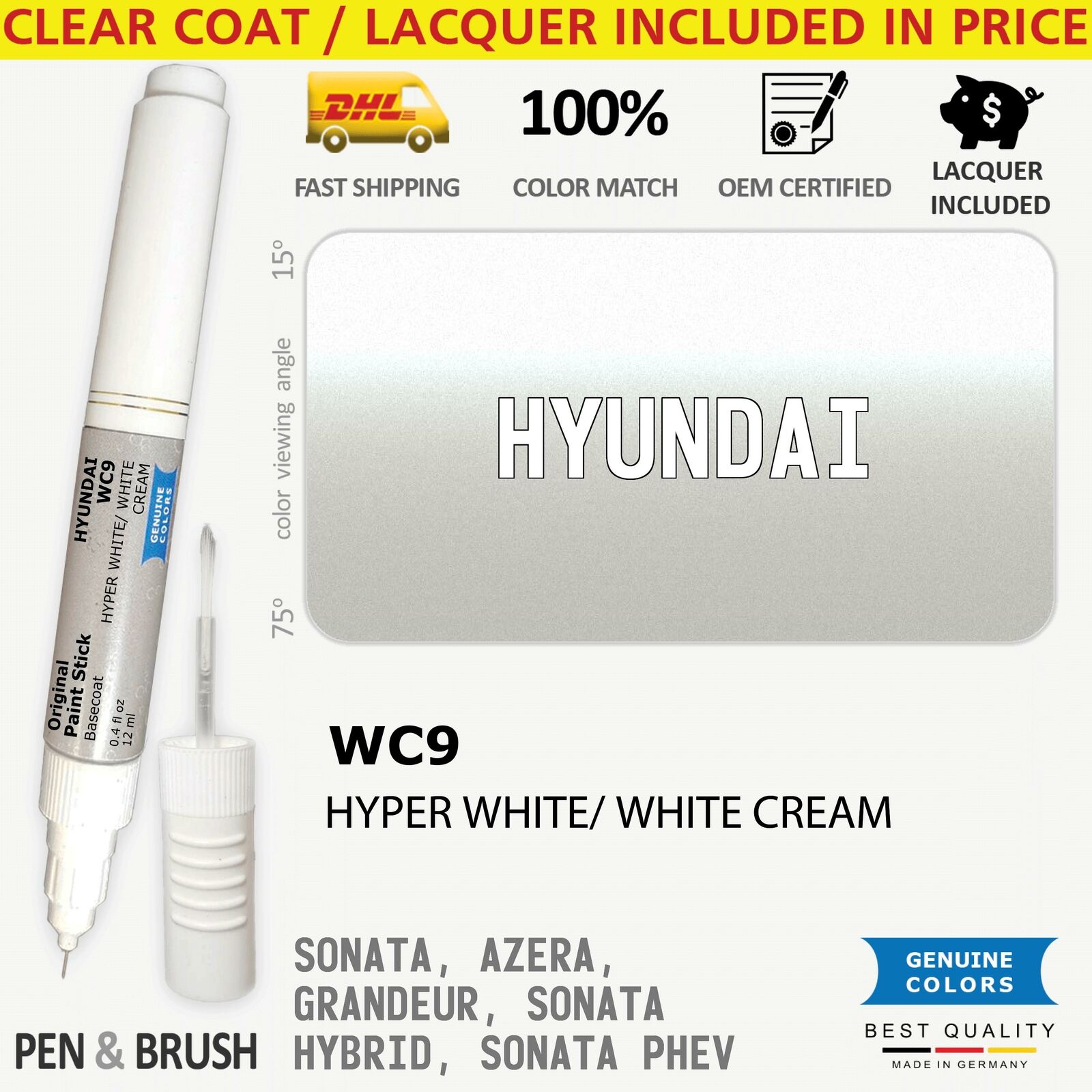 WC9 White Touch Up Paint for Hyundai SONATA AZERA GRANDEUR HYBRID PHEV PALISADE 