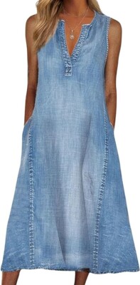 Women Casual Sleeveless Denim Midi Dress A Line Dress Mid Long Tank Dress Jean