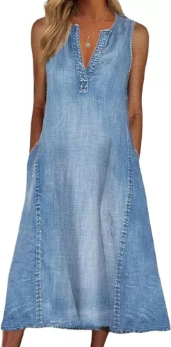 Women Casual Sleeveless Denim Midi Dress A Line Dress Mid Long Tank Dress Jean
