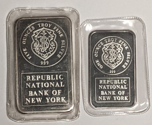 5 oz & 1 oz ~ 1985 Johnson Matthey Republic Bank of New York .999 Silver JM Bars - 第 1/6 張圖片