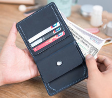men women wallet purse cow Leather credit bank Card Case holder bifold blue 865