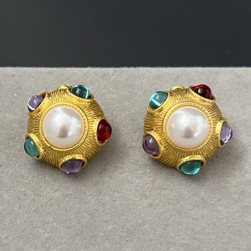 Pendientes domo cabujón Mogul oro perla sintético multicolor gelatina vientre perforado - Imagen 3 de 6