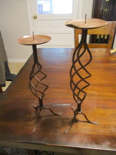 Pair of Two Circular Tier Wrought Iron candle stick holders 12'' & 14'' tall