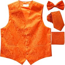 New Men's Paisley Tuxedo Vest Waistcoat necktie Bow tie Hankie orange prom