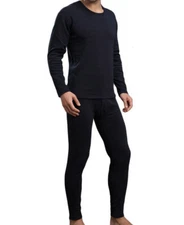 Mens Winter Ultra-Soft Fleece Lined Thermal Long John Underwear Set Black M