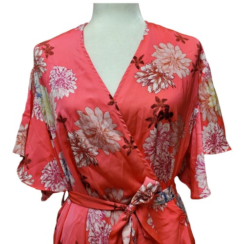 NWT BB Dakota Women's Kristen Floral Mini Wrap Dress Size M Bright Pink Ruffle - Picture 2 of 10