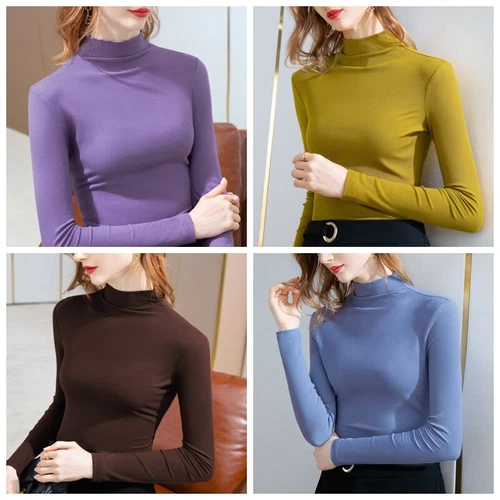 Damen Rollkragen Langarm T-Shirt Leicht Base Layer Stretch Slim Top - Bild 5 von 29