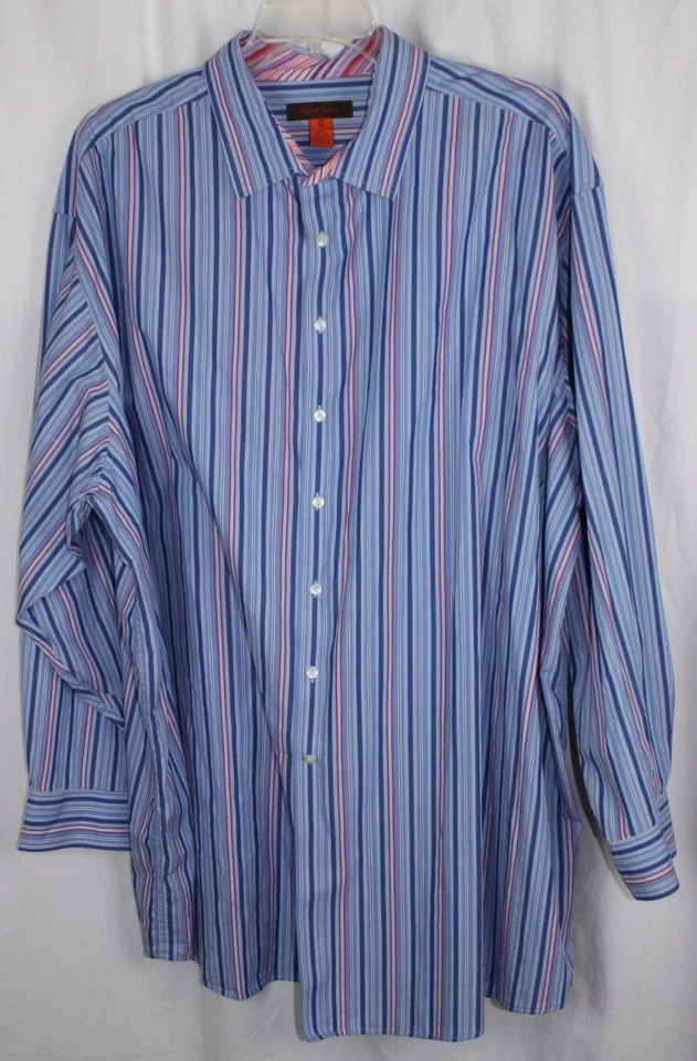 Nyne Shirt Big Mans Button Up Long Sleeve 100% Cotton Stripe Blue Red White 4X - Image 3 of 4