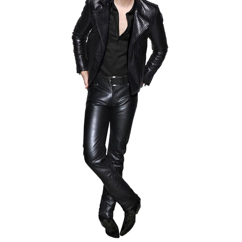 classic Fitted Motorcycle or Casual Men's Leather Trousers Pants  Black