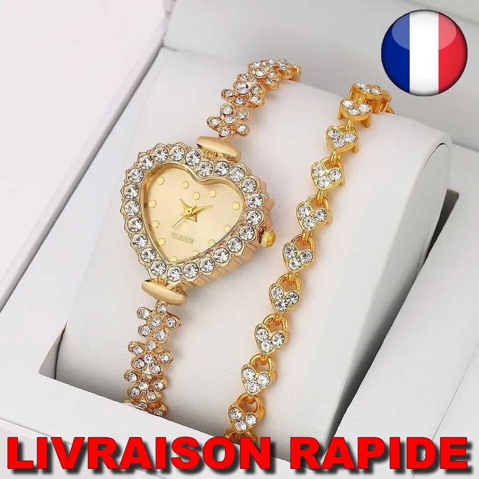 2 Montres Bracelet Cœur Quartz Strass Rose - Cadeau Femme - Neuves Avec étiquettes
