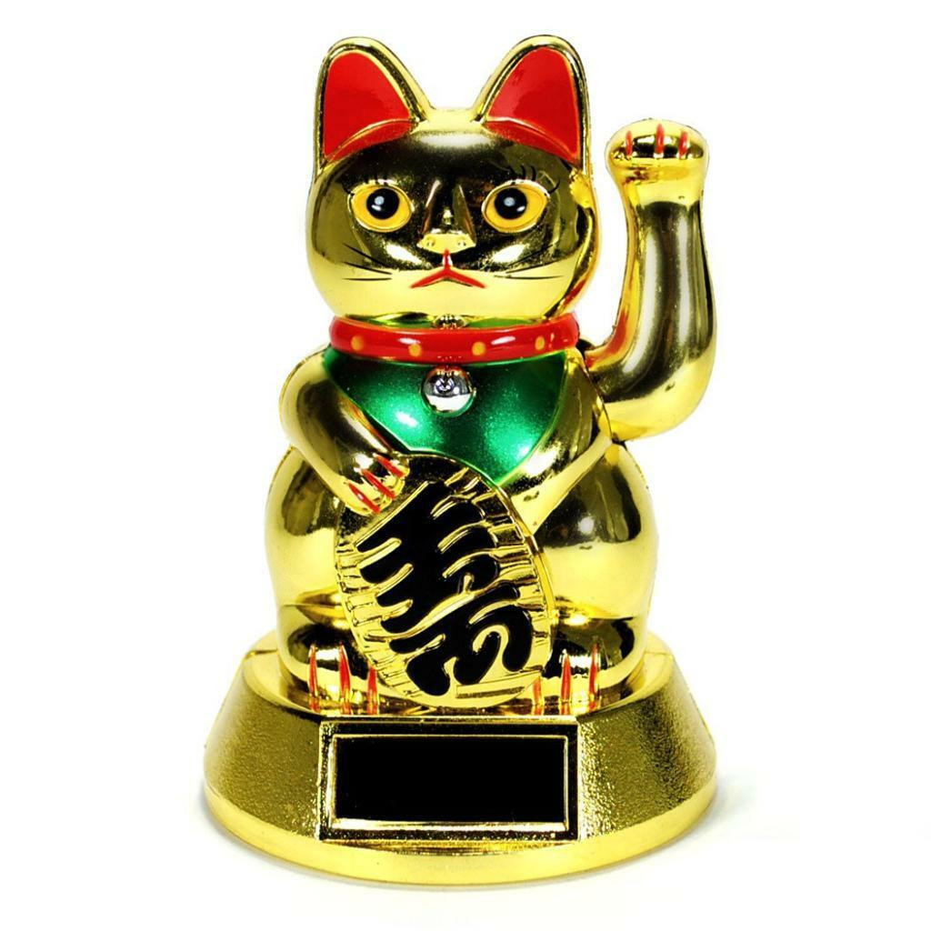 SOLAR POWER BECKONING CAT Gold Lucky Waving Kitty Maneki Neko Wealth  Fortune | eBay