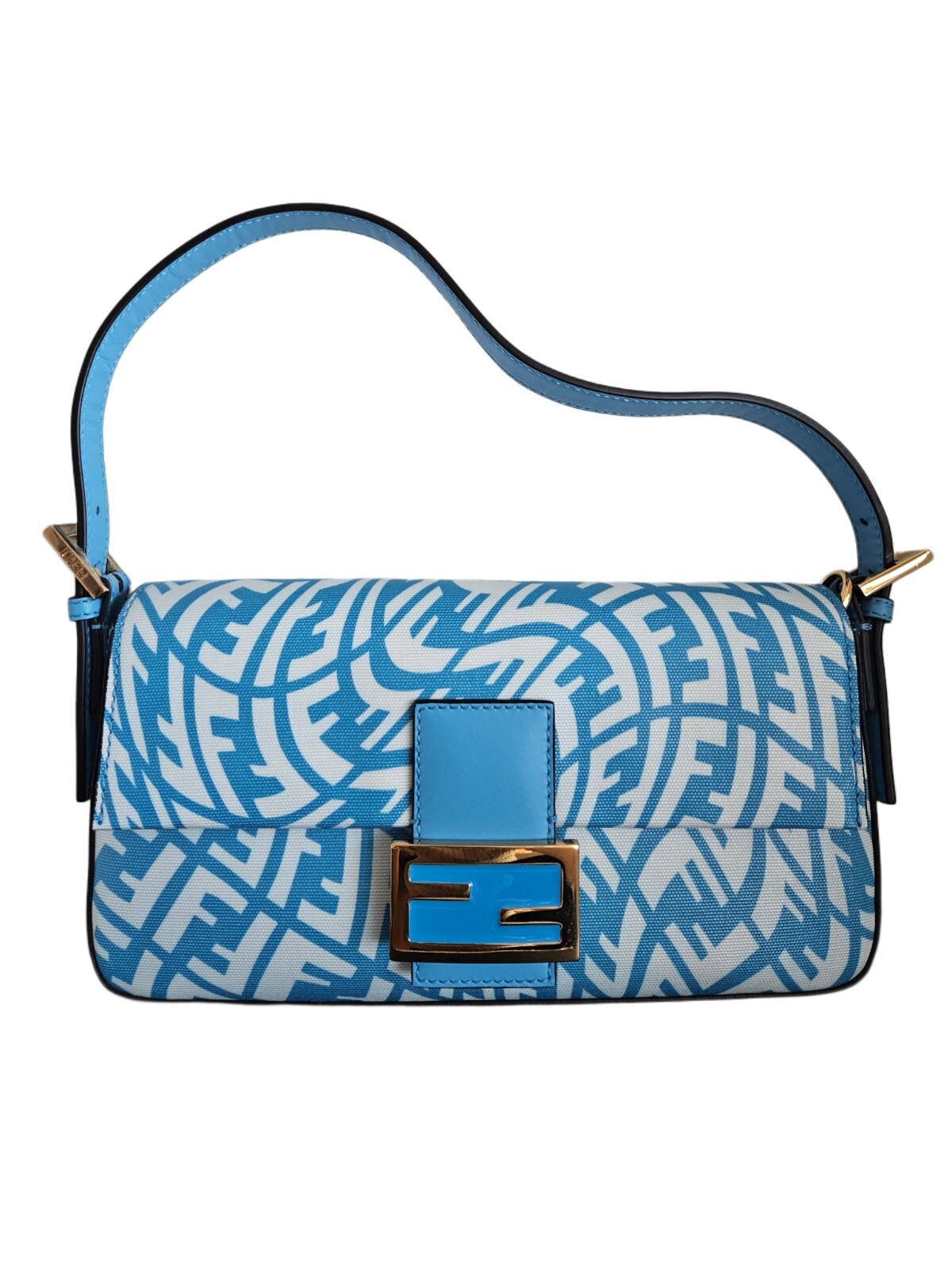 Fendi 1997 Baguette Shoulder Bag in Blue White Canvas Leather