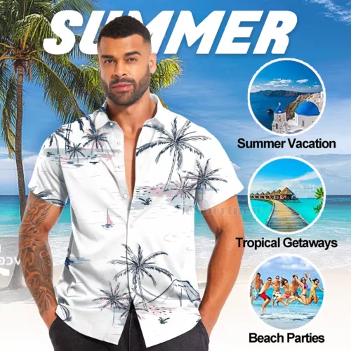 Hawaiianisches Hemd Herren Kokosnussbaum Druck Strand Urlaub Aloha Party kubanischer Kragen - Bild 22 von 48