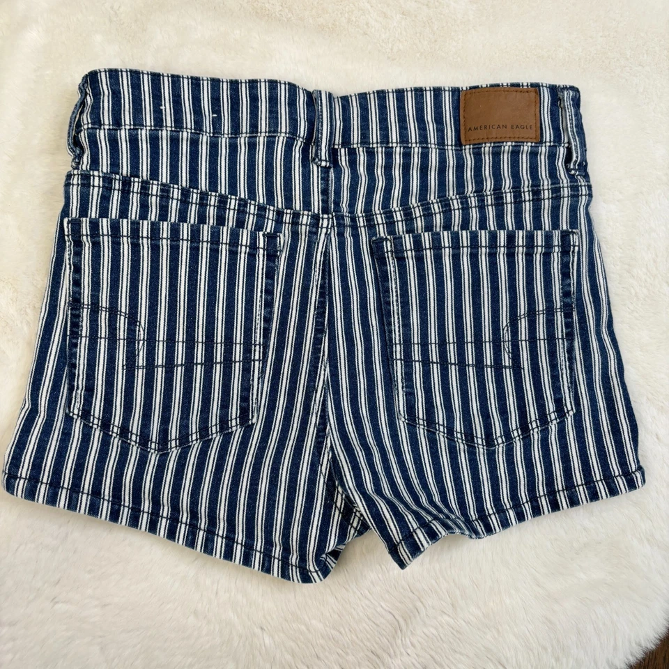 Шорты American Eagle 2 синие белые в полоску эластичные джинсовые шорты с высоким подъемом - Изображение 4 из 4