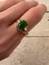 Vintage 18kGF Jade And Rhinestone Ring Lux Look