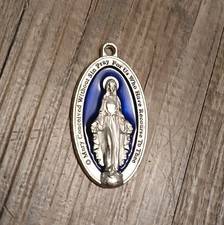 Mary Prayer 1-1/4" Silver Tone Enameled Medal Necklace Pendant Charm Catholic