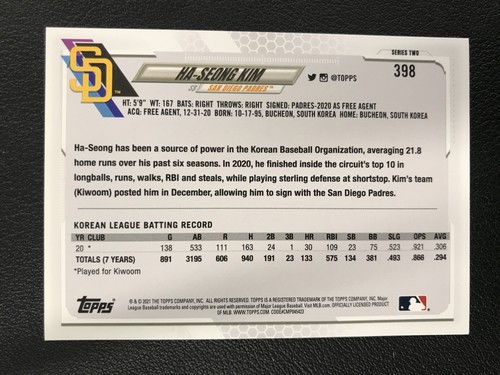 2021 Topps #398 Ha-Seong Kim Royal Blue San Diego Padres - Picture 2 of 2