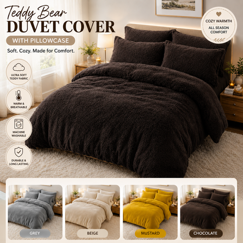 Teddy Bear Fleece Duvet Quilt Cover with Pillowcase Sherpa Warm Cosy Bedding Set - Picture 1 of 13