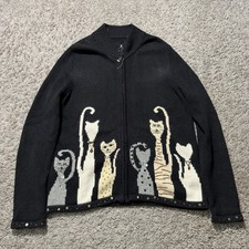 Suéter Vintage Mujer Pequeño Negro Amante de los Gatos Cremallera Y2k Naturaleza Animales Grueso