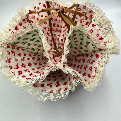 Vtg Holiday Fabric Bread Basket Dinner Roll Holder Pocket Linen & Lace Handmade