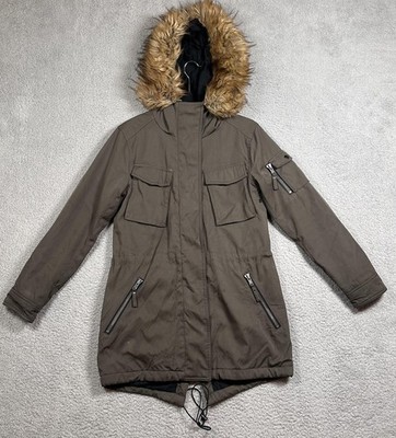 S13 New York Jacket Womens Small Olive Green Hooded Parka Faux Fur Trim Winter