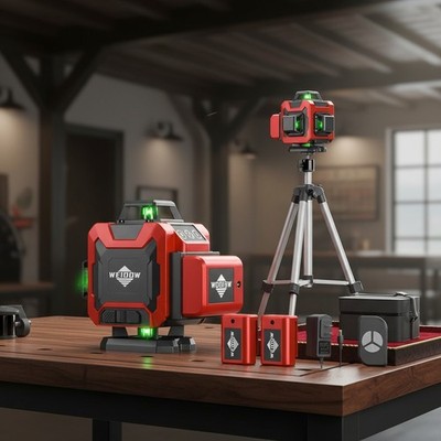 Laser Tripod Self Leveling 4x360° Green Line 4D Tool with 2Pcs Lithium Batteries