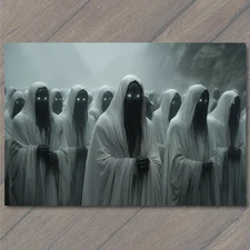 Art Print Pale Hooded Creatures Glowing Eyes Horror Mist Surreal Dystopian
