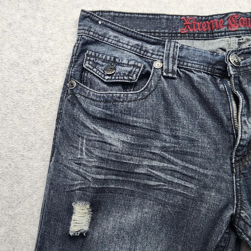Xtreme Couture Jeans Mens 38x32 Blue Distressed Denim Straight Leg Embroidered - Image 3 of 4