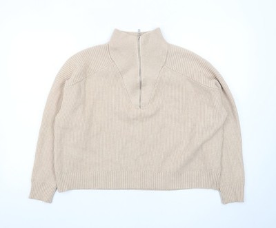 Mango Damen Pullover beige Wollmischung halber Reißverschluss Stehkragen Größe S