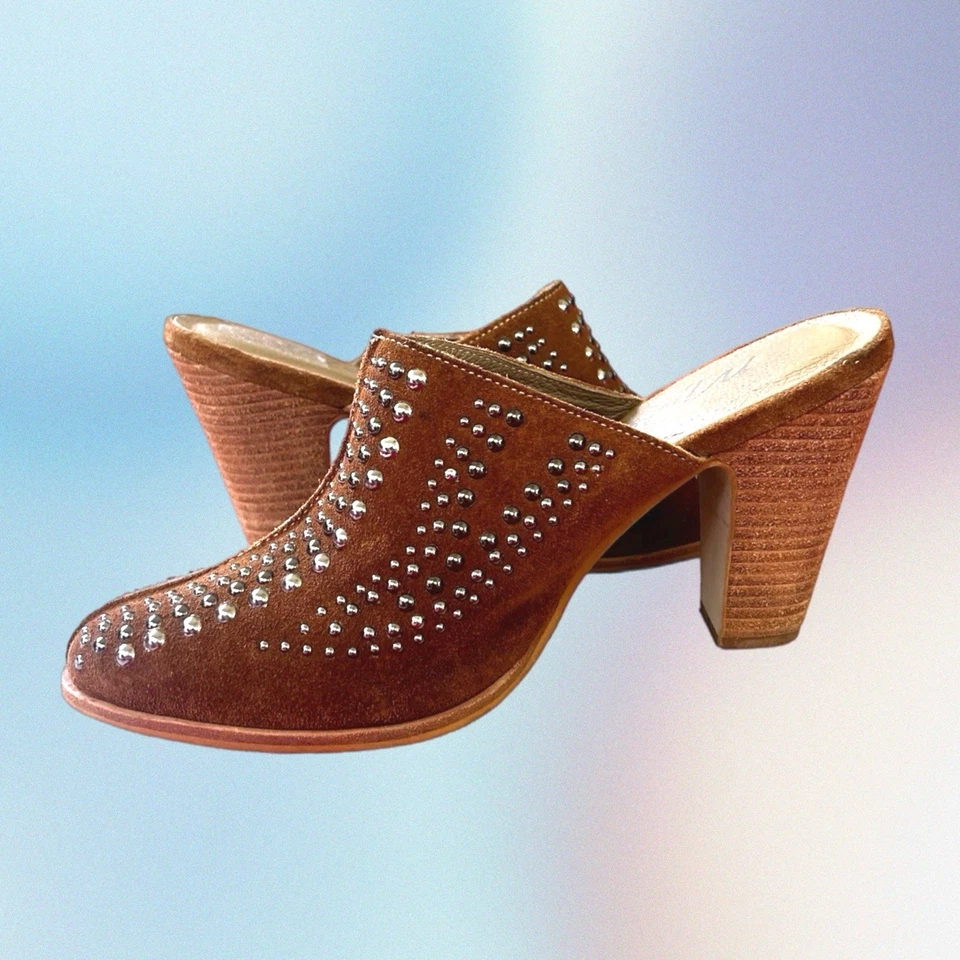 MATISSE Anthropologie Suede Natural Brown Leather Boho Beaded Mule Heel Size 8M - Image 3 of 4