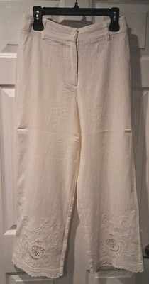 Maison D' Amelie Linen Embroidered Pants Size 4 White 