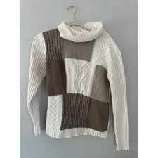 Liz  CO patchwork style cableknit turtleneck cream tan earthtones size Lg