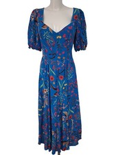 Jigsaw Floral Midi Dress Women's UK 8 Blue 100% Viscose Puff Sleeves