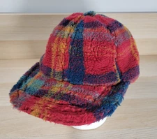 Vtg American Eagle Sherpa Plaid Hat Colorful Fuzzy Cap Fluffy Adjustable 90s
