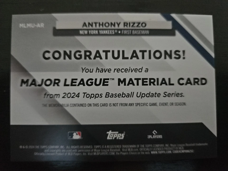 2024 TOPPS UPDATE SERIES Anthony Rizzo Major League Material MLMU-AR 23/25 BLACK - Image 2 of 2