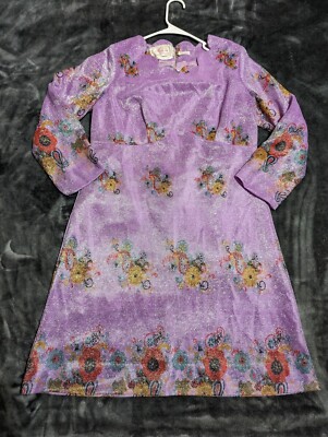 Vintage Andora Hong Kong China Lavender Purple Floral Silver Sparkle Dress  Large