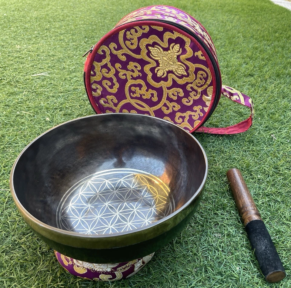 Tigela de canto - Tigela de meditação flor da vida - Feita à mão - 20,5 cm - Frete grátis - Imagem 3 de 4