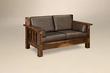 Amish Mission Rustic Loveseat Rough Sawn Solid Wood Slat Tenon Leather