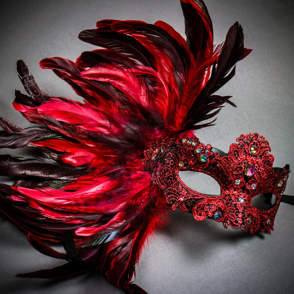 Venetian Sun God w/ Luxury Lace Side Feather Masquerade Couple Party Mask Red - Image 3 of 3