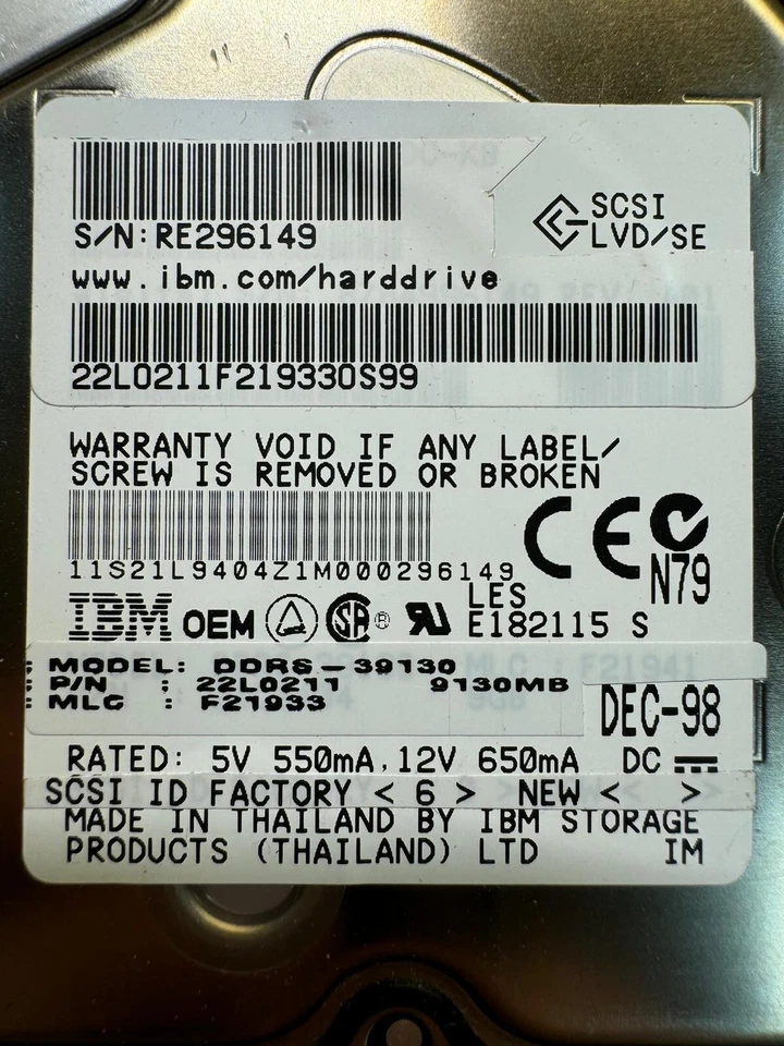 IBM 22L0211 DDRS-39130 9.13GB 7.2K RPM Cache 512KB Ultra Wide SCSI 68PIN 3.5" - Image 2 of 4