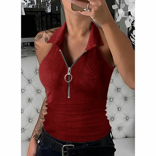 Women Summer Zipper V Neck Cami Vest Ladies Summer Blouse Tank Top T Shirt  - Imagen 4 de 19