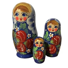 New Classic Dark Blue Art Nesting Doll 3pc  Tallest 4"  100% Natural Linden Wood