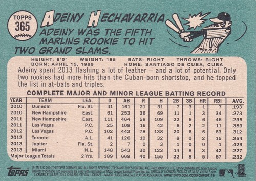 ADEINY HECHAVARRIA SIGNED AUTO'D 2014 TOPPS HERITAGE CARD #365 MIAMI MARLINS - Picture 3 of 3