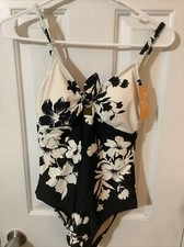 KONA SOL Medium Coverage One Piece SWIMSUIT Black  White Floral - Woman  s SMALL