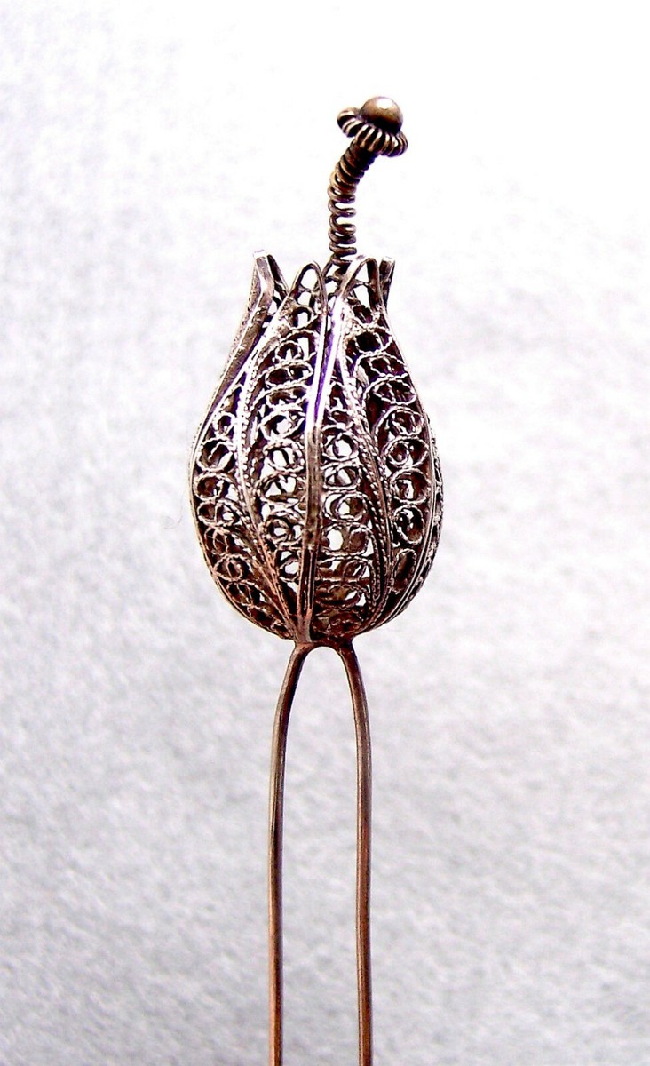 ANTIQUE HAIR PIN FILIGREE FLOWER - NO US IMPORT FEES | eBay display picture 3