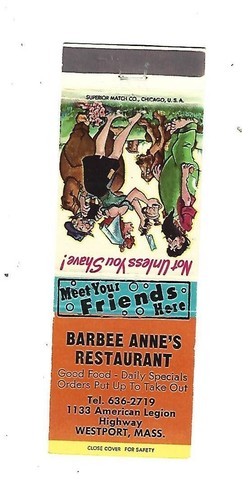 Barbee Anne's Restaurant - Westport, MASS.  Matchcover