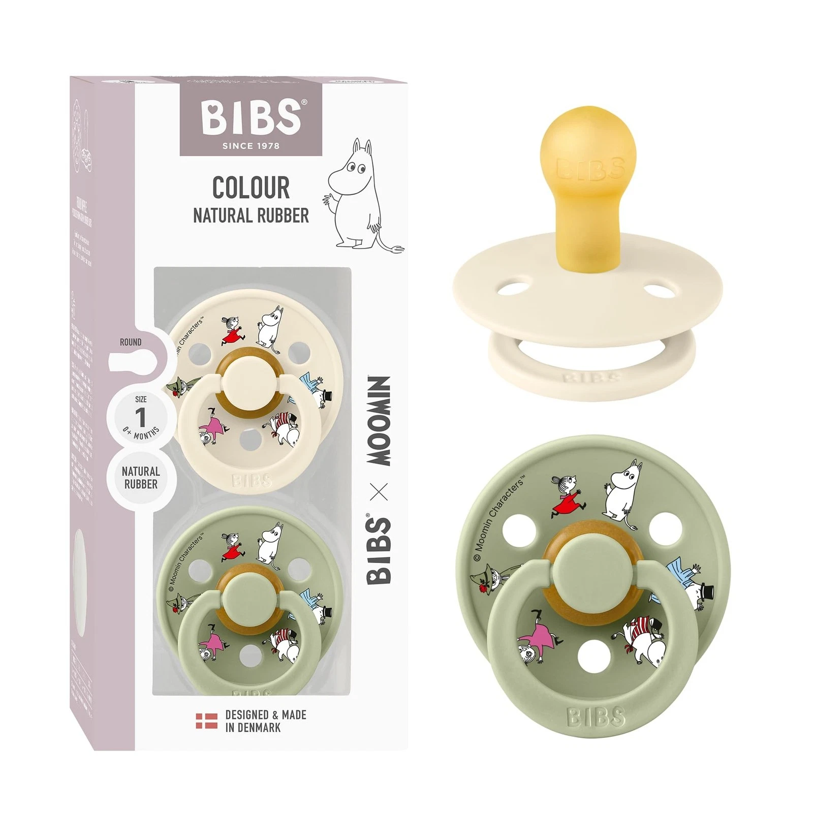BIBS Colour Moomins Pacifier 2-Pack, BPA Free Pacifier, Round Nipple. Natural...