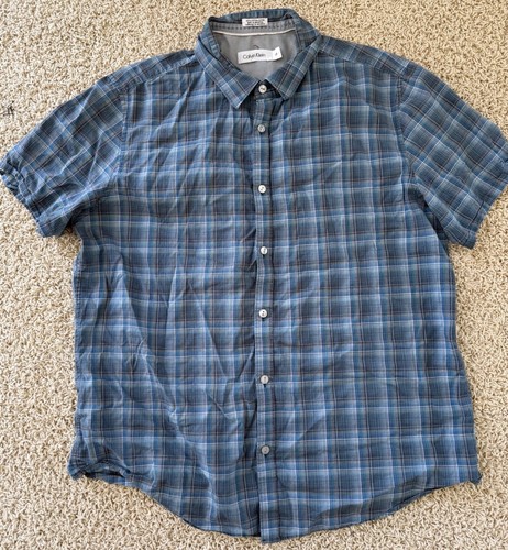 Men’s Calvin Klein Blue Check Short Sleeve Button Down Shirt Size L