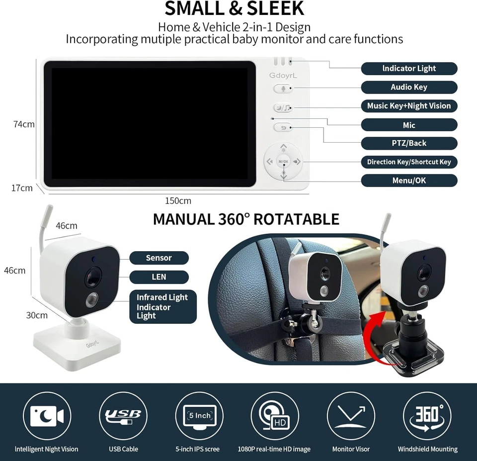 Wireless Baby Car Camera with 5-inch HD 1080P IPS, USB-Powered 360° Rotating ... - Image 2 of 4