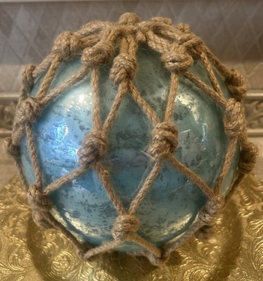 NEW Restoration Hardware Aqua 8  Glass Float With Rope Detail RARE
